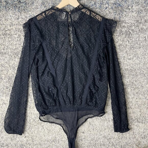 Free People Bodysuit Womens Medium Black Long Sleeve Sheer Lace Mesh Layer Top - Picture 7 of 7
